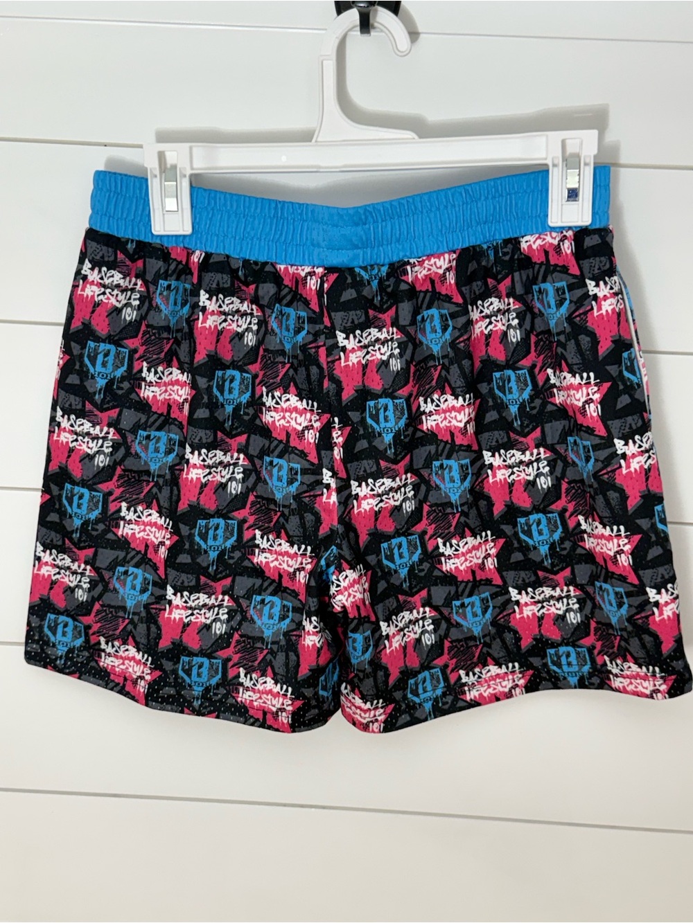 Active Shorts with Blue Waistband and Pink/Black Graphic Print - Picture 7 of 8